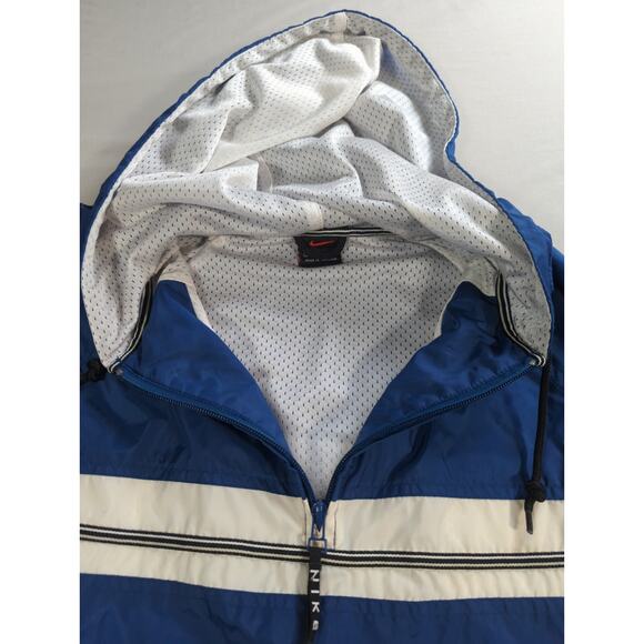 90s Nike Blue Windbreaker Jacket Mens Medium Hooded Pullover Swoosh Vintage - Picture 10 of 16